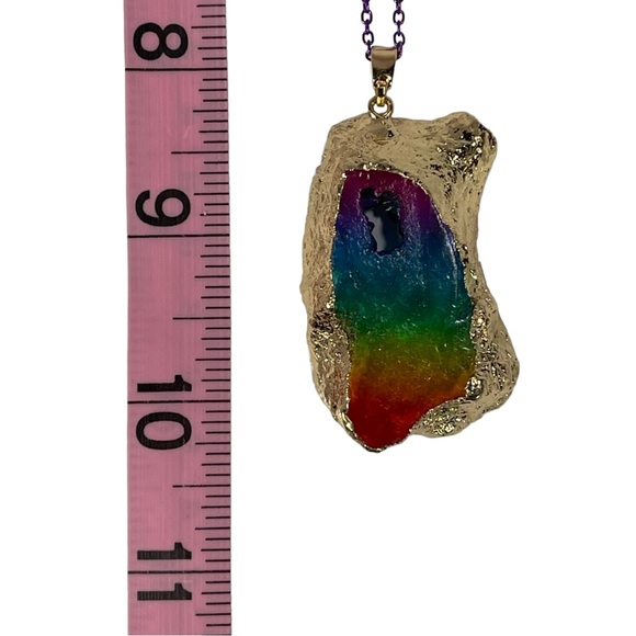 Rainbow Agate Pendant wrapped in gold on rainbow metal chain NEW - Picture 10 of 11